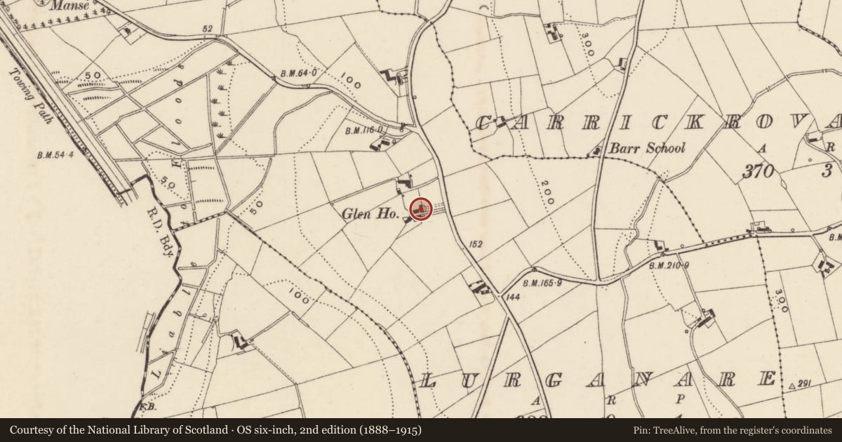 Ordnance Survey six-inch map, 2nd edition (1888–1915) covering the location of Glen House, Newry, Mourne and Down, with a pin at the register's coordinates