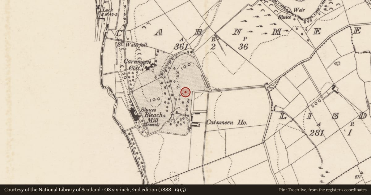 Ordnance Survey six-inch map, 2nd edition (1888–1915) covering the location of Carnmeen House, Newry, Mourne and Down, with a pin at the register's coordinates