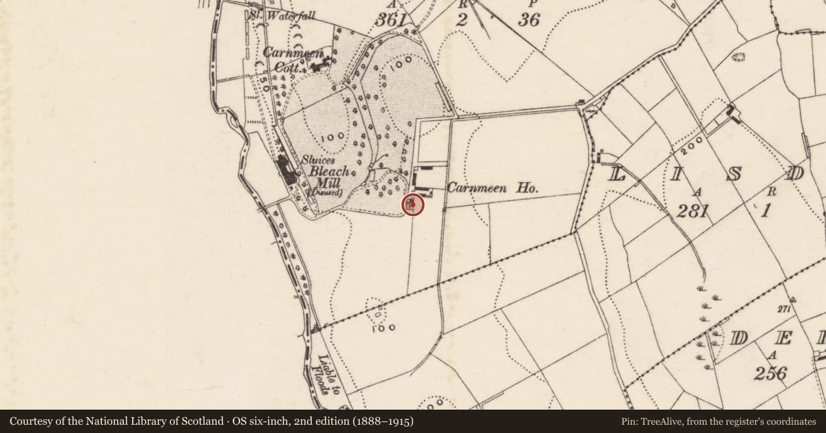 Ordnance Survey six-inch map, 2nd edition (1888–1915) covering the location of Carnmeen Manor House, Newry, Mourne and Down, with a pin at the register's coordinates
