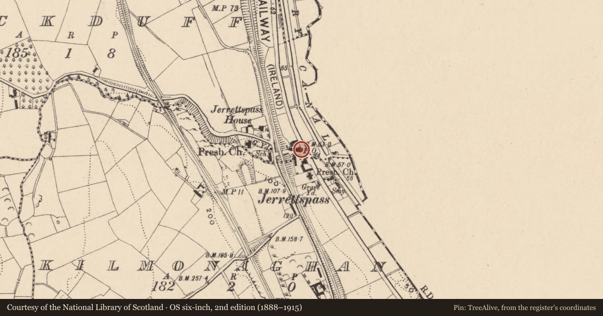 Ordnance Survey six-inch map, 2nd edition (1888–1915) covering the location of 98-100 Tandragee Road, Newry, Mourne and Down, with a pin at the register's coordinates