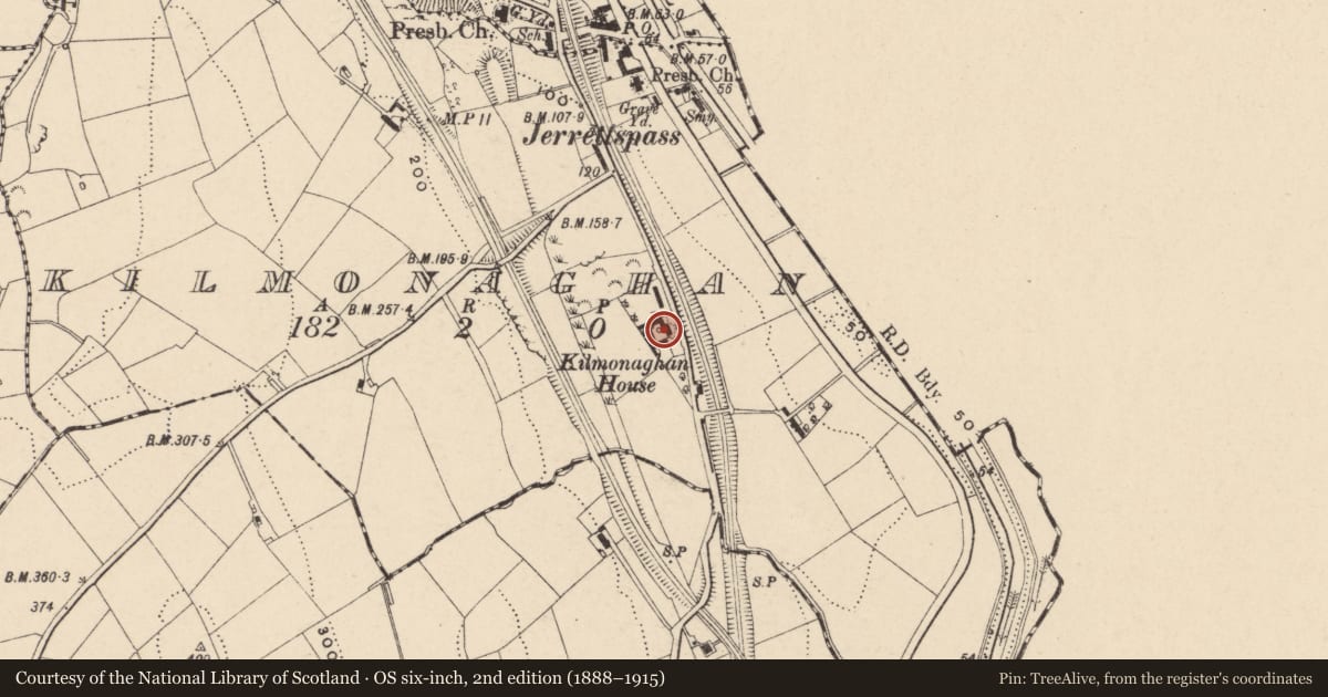 Ordnance Survey six-inch map, 2nd edition (1888–1915) covering the location of Kilmonaghan House, Newry, Mourne and Down, with a pin at the register's coordinates