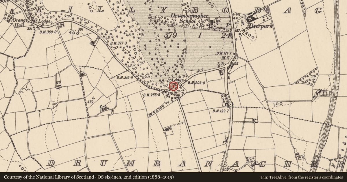 Ordnance Survey six-inch map, 2nd edition (1888–1915) covering the location of Entrance Gates, Newry, Mourne and Down, with a pin at the register's coordinates
