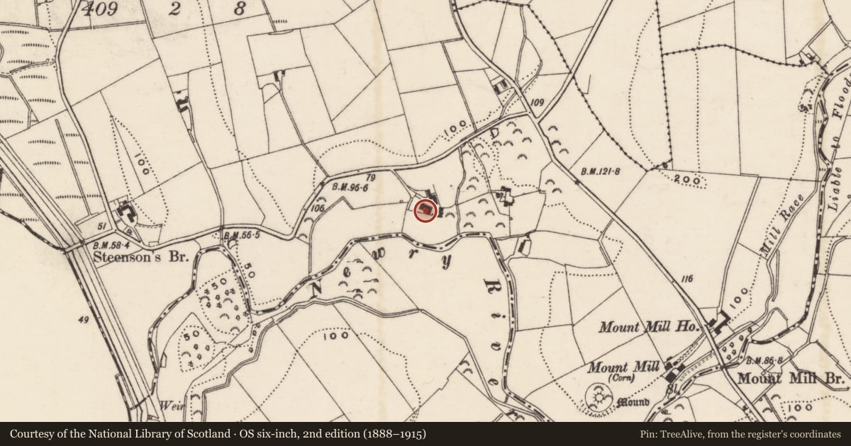 Ordnance Survey six-inch map, 2nd edition (1888–1915) covering the location of Riverside House, Newry, Mourne and Down, with a pin at the register's coordinates