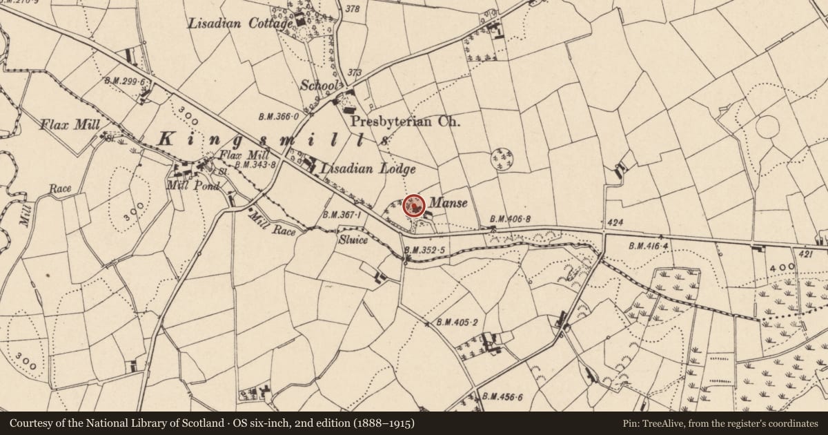 Ordnance Survey six-inch map, 2nd edition (1888–1915) covering the location of Kingsmill Manse, Newry, Mourne and Down, with a pin at the register's coordinates