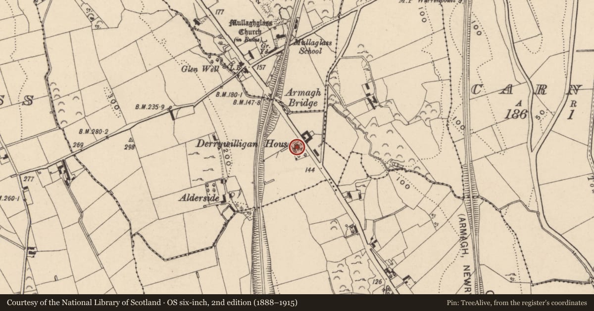 Ordnance Survey six-inch map, 2nd edition (1888–1915) covering the location of Derrywilligan House, Newry, Mourne and Down, with a pin at the register's coordinates