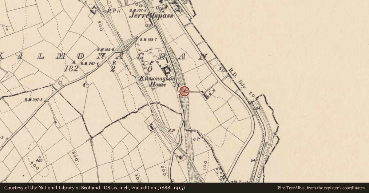 Ordnance Survey six-inch map, 2nd edition (1888–1915) covering the location of Road bridge over railway adjacent to 63 Kilmonaghan Road Newry Co. Down BT35 6QD, Newry, Mourne and Down, with a pin at the register's coordinates
