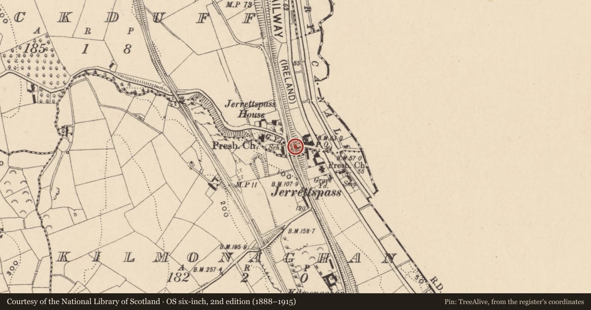 Ordnance Survey six-inch map, 2nd edition (1888–1915) covering the location of Rail Bridge, Newry, Mourne and Down, with a pin at the register's coordinates
