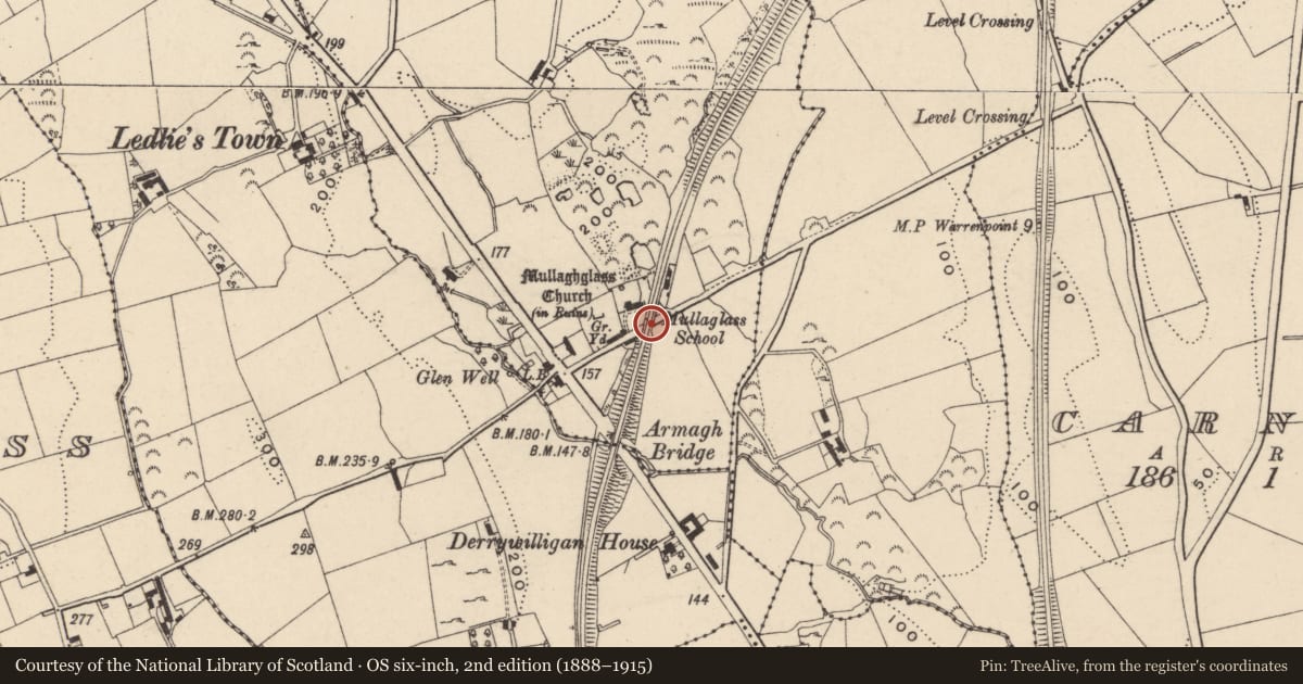 Ordnance Survey six-inch map, 2nd edition (1888–1915) covering the location of Rail Bridge 8, Newry, Mourne and Down, with a pin at the register's coordinates