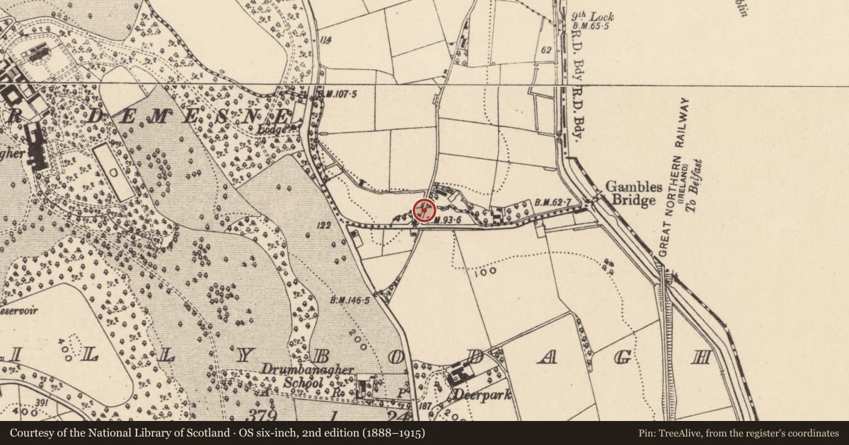 Ordnance Survey six-inch map, 2nd edition (1888–1915) covering the location of Road Bridge carrying Old Road, Newry, Mourne and Down, with a pin at the register's coordinates