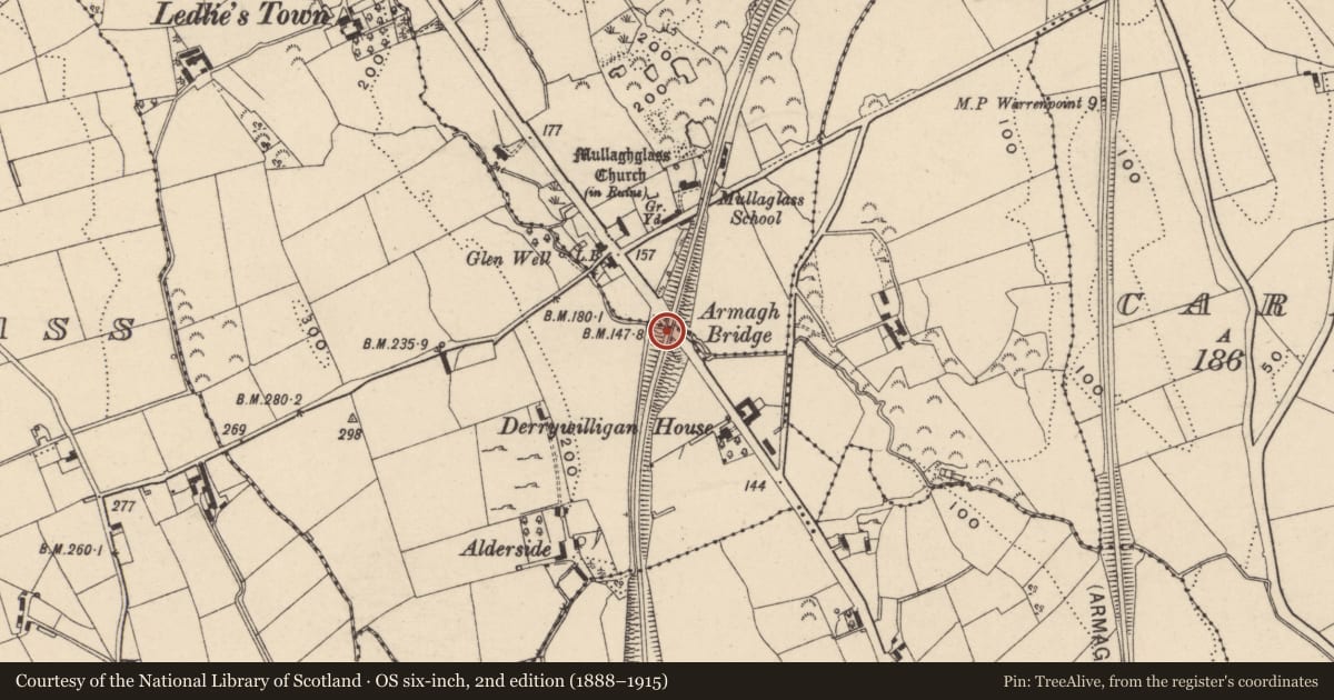 Ordnance Survey six-inch map, 2nd edition (1888–1915) covering the location of Armagh Bridge, Newry, Mourne and Down, with a pin at the register's coordinates