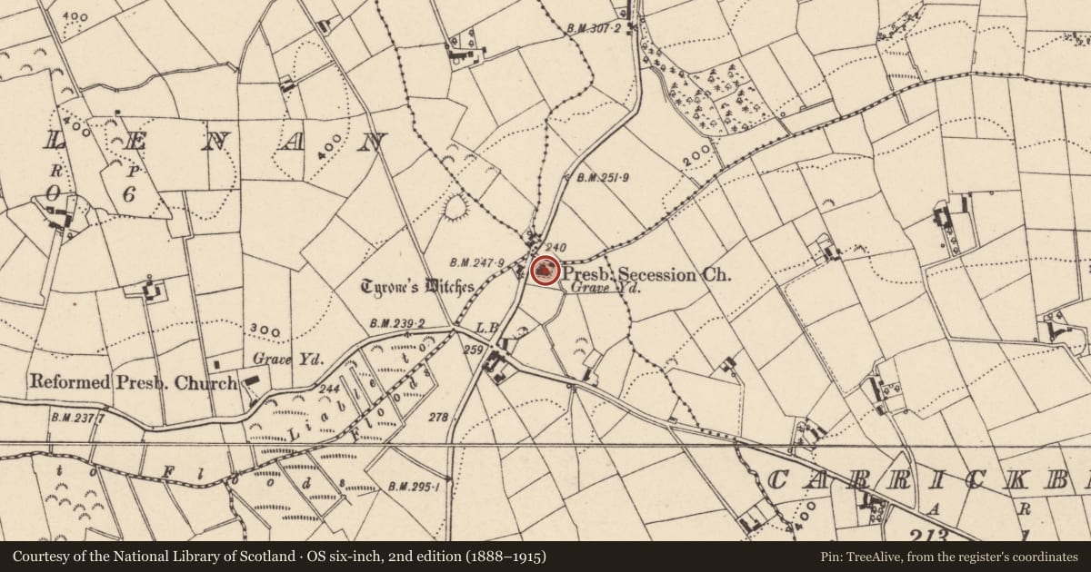 Ordnance Survey six-inch map, 2nd edition (1888–1915) covering the location of Presbyterian Secession Church, Newry, Mourne and Down, with a pin at the register's coordinates