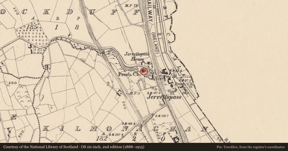 Ordnance Survey six-inch map, 2nd edition (1888–1915) covering the location of 1st Drumbanagher and Jerrettspass Presbyterian Church, Newry, Mourne and Down, with a pin at the register's coordinates