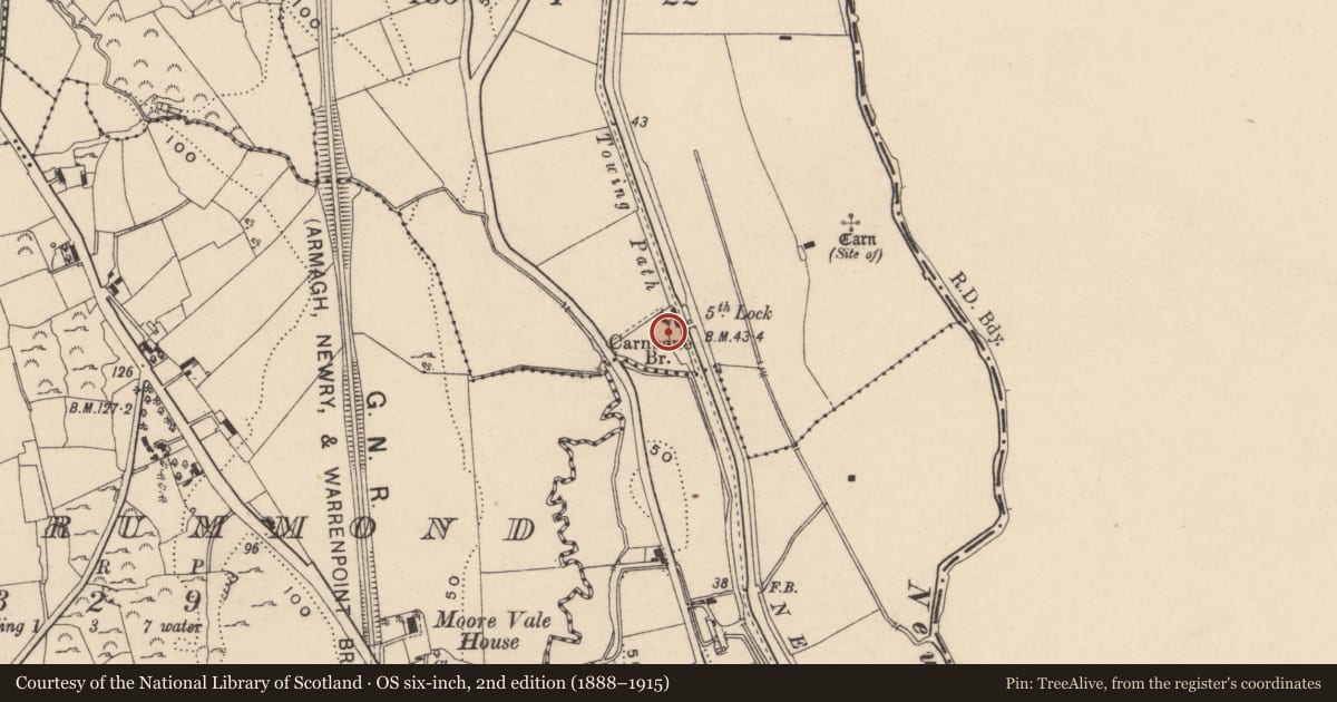 Ordnance Survey six-inch map, 2nd edition (1888–1915) covering the location of Lock 5 and Former Lock House, Newry, Mourne and Down, with a pin at the register's coordinates