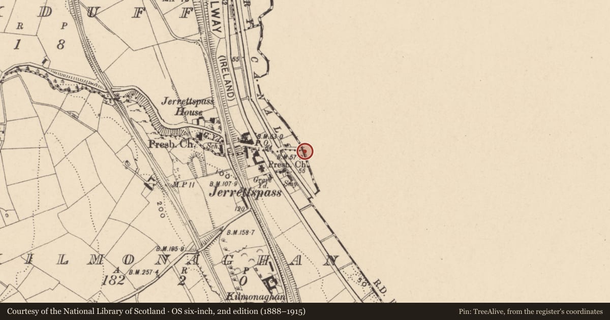 Ordnance Survey six-inch map, 2nd edition (1888–1915) covering the location of Jerrettspass Accommodation Bridge, Newry, Mourne and Down, with a pin at the register's coordinates