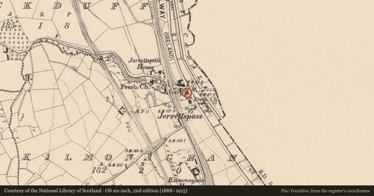 Ordnance Survey six-inch map, 2nd edition (1888–1915) covering the location of 96 Tandragee Road, Newry, Mourne and Down, with a pin at the register's coordinates