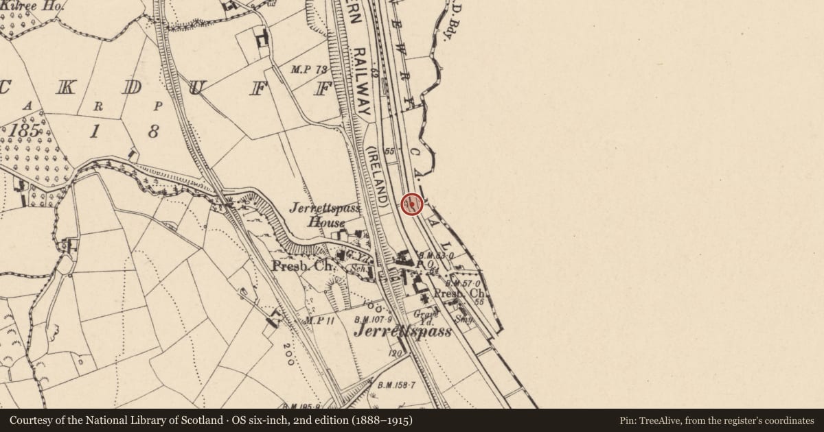 Ordnance Survey six-inch map, 2nd edition (1888–1915) covering the location of Towpath Accommodation Bridge, Newry, Mourne and Down, with a pin at the register's coordinates
