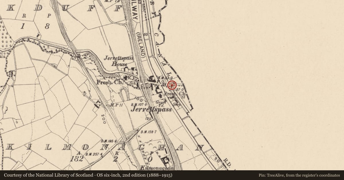 Ordnance Survey six-inch map, 2nd edition (1888–1915) covering the location of Canal Bridge, Newry, Mourne and Down, with a pin at the register's coordinates