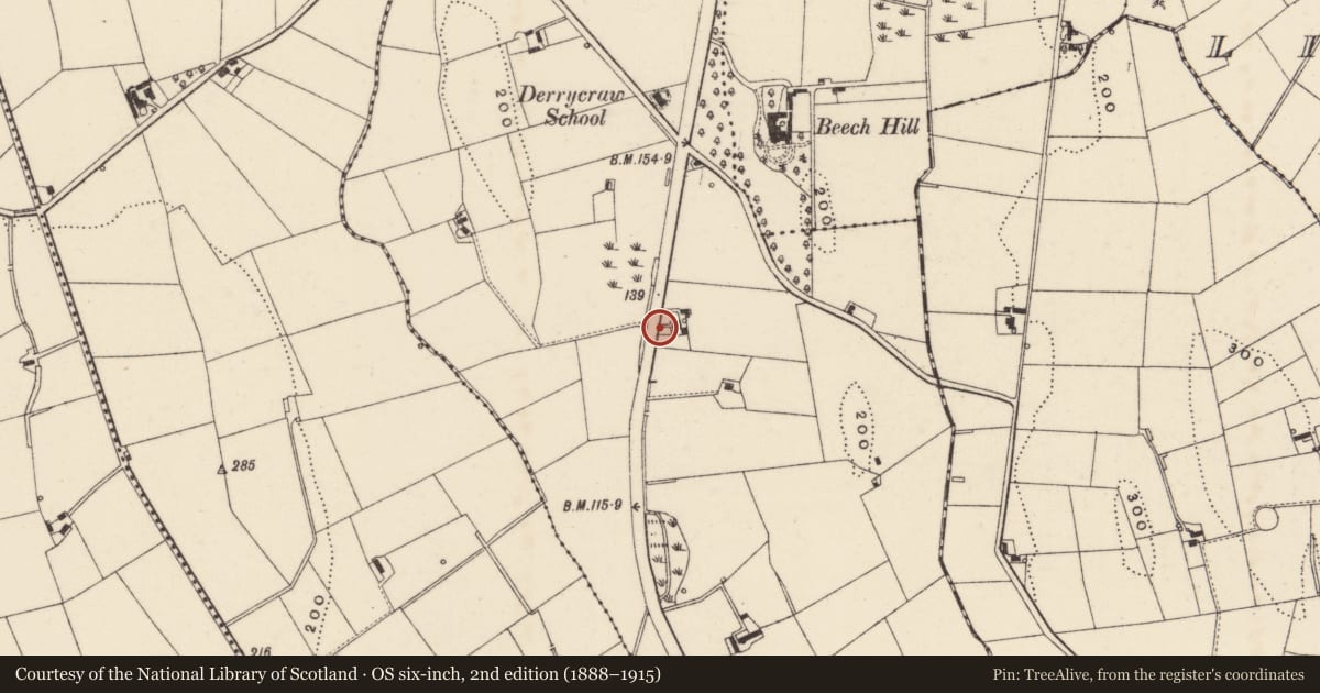 Ordnance Survey six-inch map, 2nd edition (1888–1915) covering the location of Beech Hill, Newry, Mourne and Down, with a pin at the register's coordinates