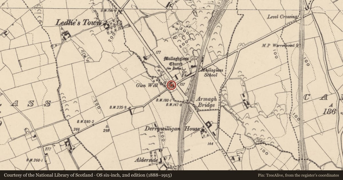 Ordnance Survey six-inch map, 2nd edition (1888–1915) covering the location of Fountain, Latt, Newry, Mourne and Down, with a pin at the register's coordinates
