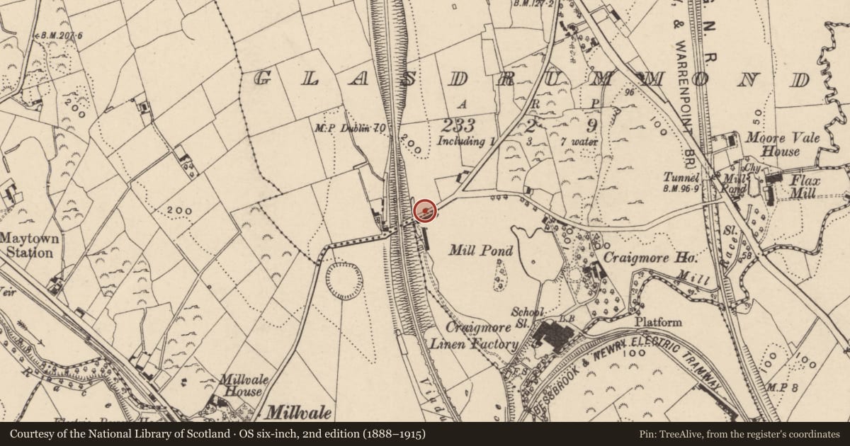 Ordnance Survey six-inch map, 2nd edition (1888–1915) covering the location of Pump opposite 7 Arch View Terrace, Glasdrummond, Newry, Mourne and Down, with a pin at the register's coordinates