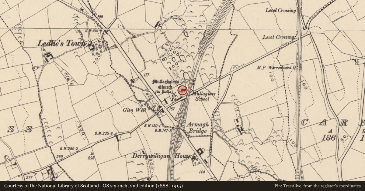 Ordnance Survey six-inch map, 2nd edition (1888–1915) covering the location of Mullaghglass Primary School, with a pin at the register's coordinates