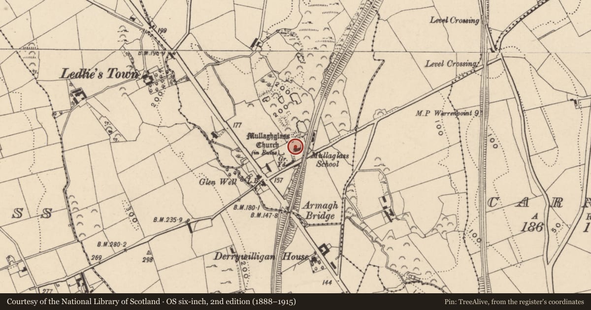 Ordnance Survey six-inch map, 2nd edition (1888–1915) covering the location of Teacher's residence, with a pin at the register's coordinates
