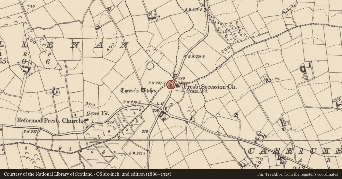 Ordnance Survey six-inch map, 2nd edition (1888–1915) covering the location of Former school house adjacent to Tyrone's Ditches Presbyterian Church Lisnagree Poyntzpass Co. Armagh BT35 6RX, Newry, Mourne and Down, with a pin at the register's coordinates