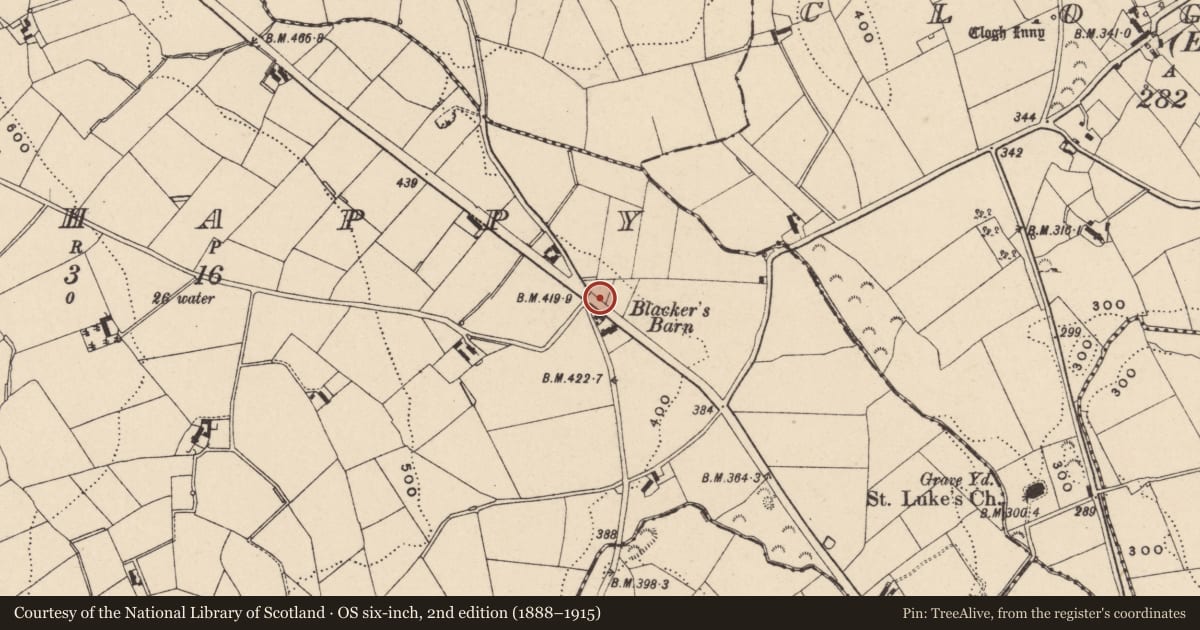 Ordnance Survey six-inch map, 2nd edition (1888–1915) covering the location of Telephone Kiosk, Tullyhappy, Newry and Mourne, with a pin at the register's coordinates