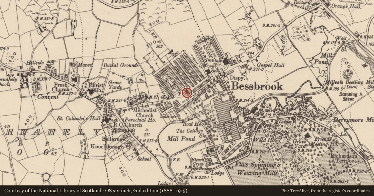 Ordnance Survey six-inch map, 2nd edition (1888–1915) covering the location of 2 Charlemont Square East, Clogharevan, Newry, Mourne and Down, with a pin at the register's coordinates