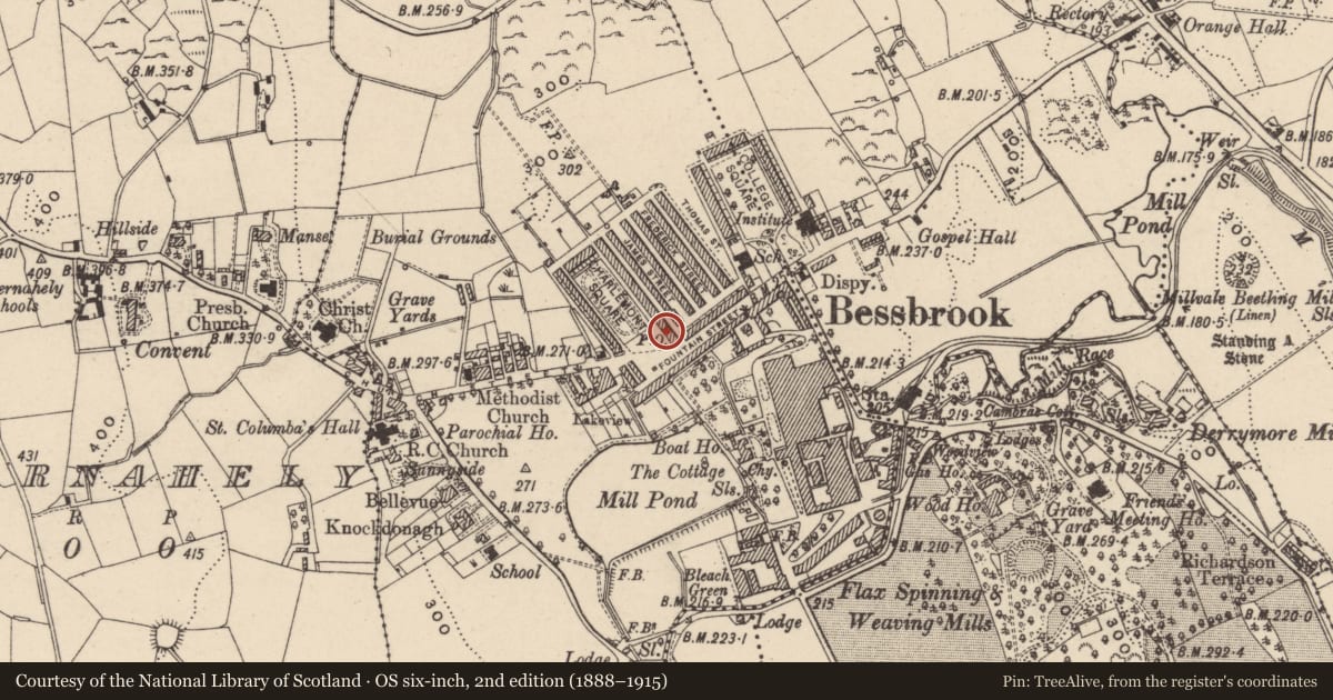 Ordnance Survey six-inch map, 2nd edition (1888–1915) covering the location of 3 Charlemont Square East, Clogharevan, Newry, Mourne and Down, with a pin at the register's coordinates
