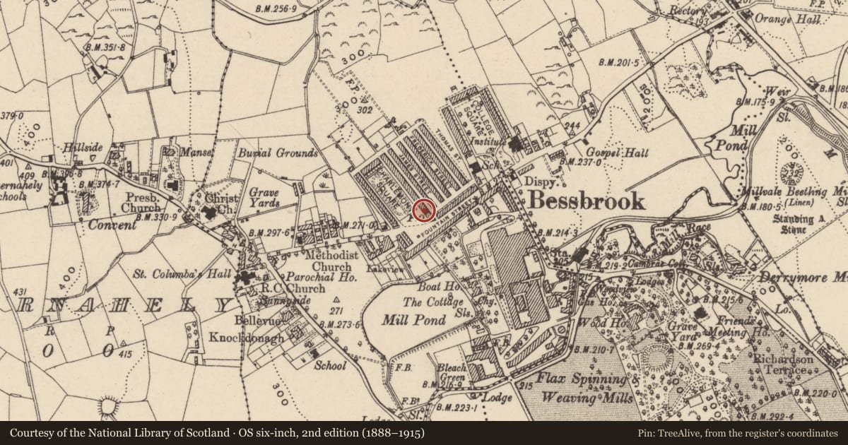 Ordnance Survey six-inch map, 2nd edition (1888–1915) covering the location of 4 Charlemont Square East, Clogharevan, Newry, Mourne and Down, with a pin at the register's coordinates