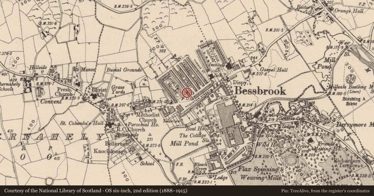 Ordnance Survey six-inch map, 2nd edition (1888–1915) covering the location of 6 Charlemont Square East, Clogharevan, Newry, Mourne and Down, with a pin at the register's coordinates