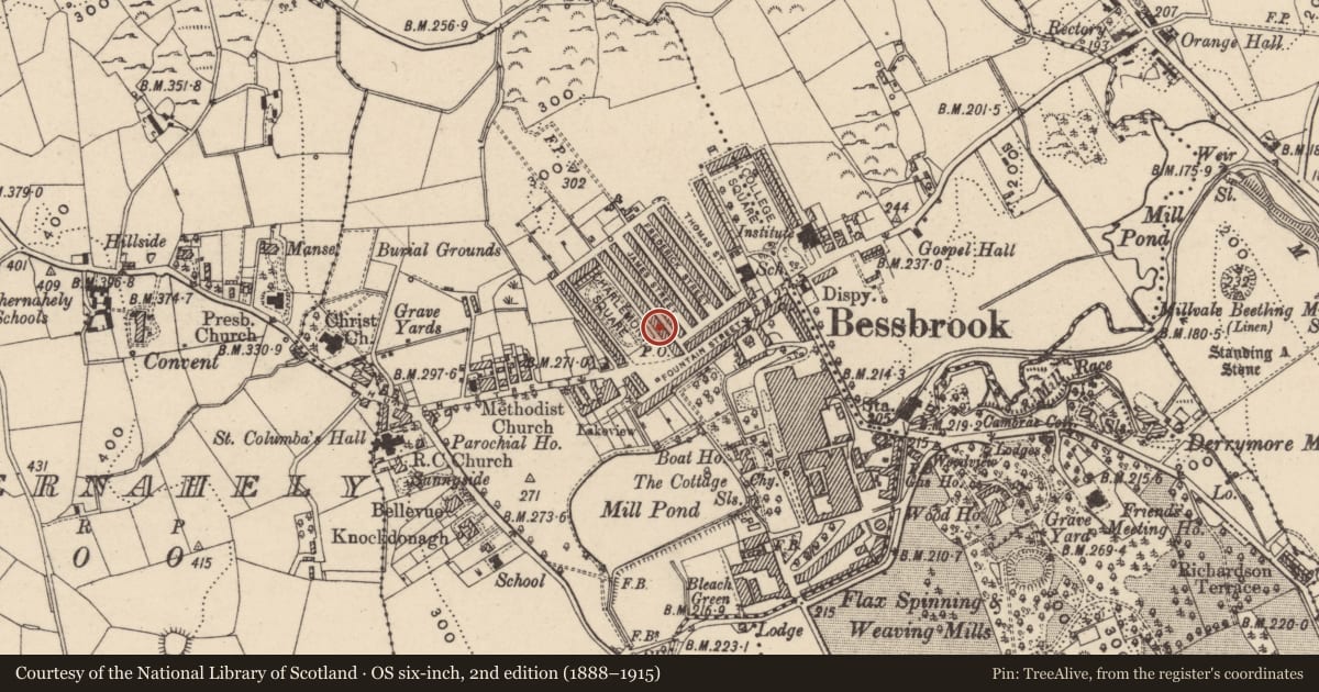 Ordnance Survey six-inch map, 2nd edition (1888–1915) covering the location of 7 Charlemont Square East, Clogharevan, Newry, Mourne and Down, with a pin at the register's coordinates