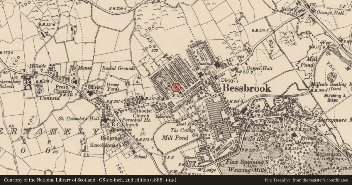 Ordnance Survey six-inch map, 2nd edition (1888–1915) covering the location of 9 Charlemont Square East, Clogharevan, Newry, Mourne and Down, with a pin at the register's coordinates