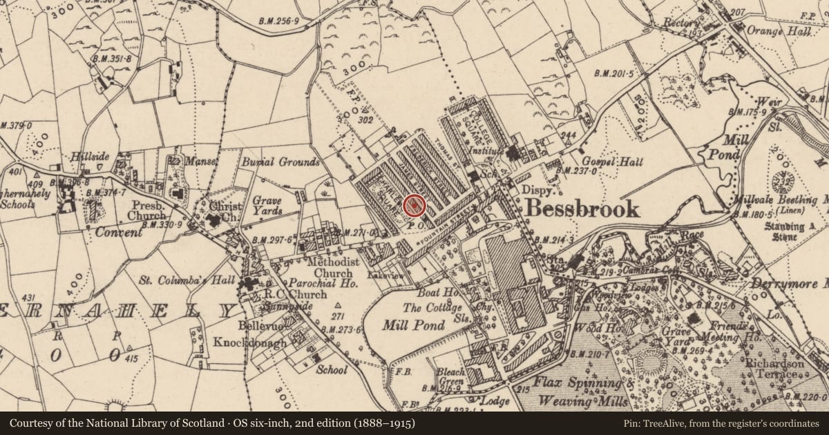 Ordnance Survey six-inch map, 2nd edition (1888–1915) covering the location of 10 Charlemont Square East, Clogharevan, Newry, Mourne and Down, with a pin at the register's coordinates