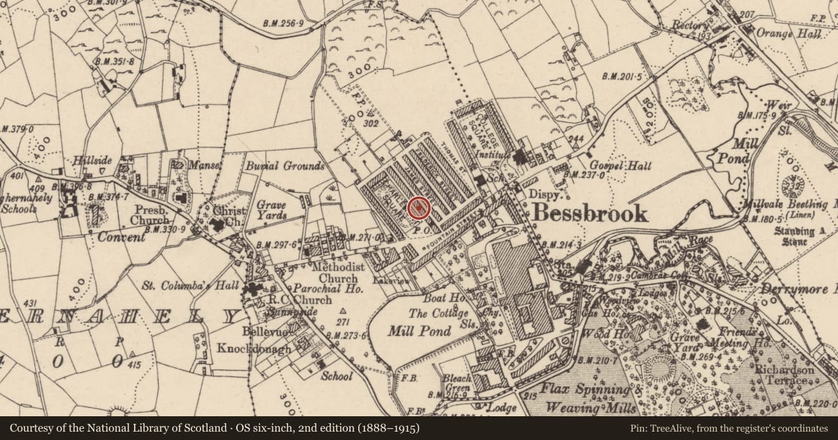 Ordnance Survey six-inch map, 2nd edition (1888–1915) covering the location of 11 Charlemont Square East, Clogharevan, Newry, Mourne and Down, with a pin at the register's coordinates