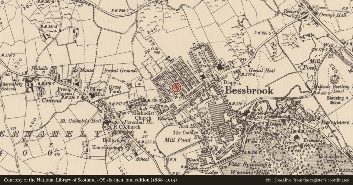 Ordnance Survey six-inch map, 2nd edition (1888–1915) covering the location of 12 Charlemont Square East, Clogharevan, Newry, Mourne and Down, with a pin at the register's coordinates
