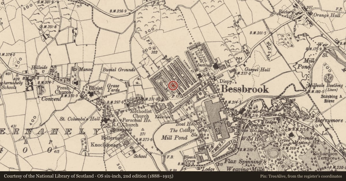 Ordnance Survey six-inch map, 2nd edition (1888–1915) covering the location of 13 Charlemont Square East, Clogharevan, Newry, Mourne and Down, with a pin at the register's coordinates