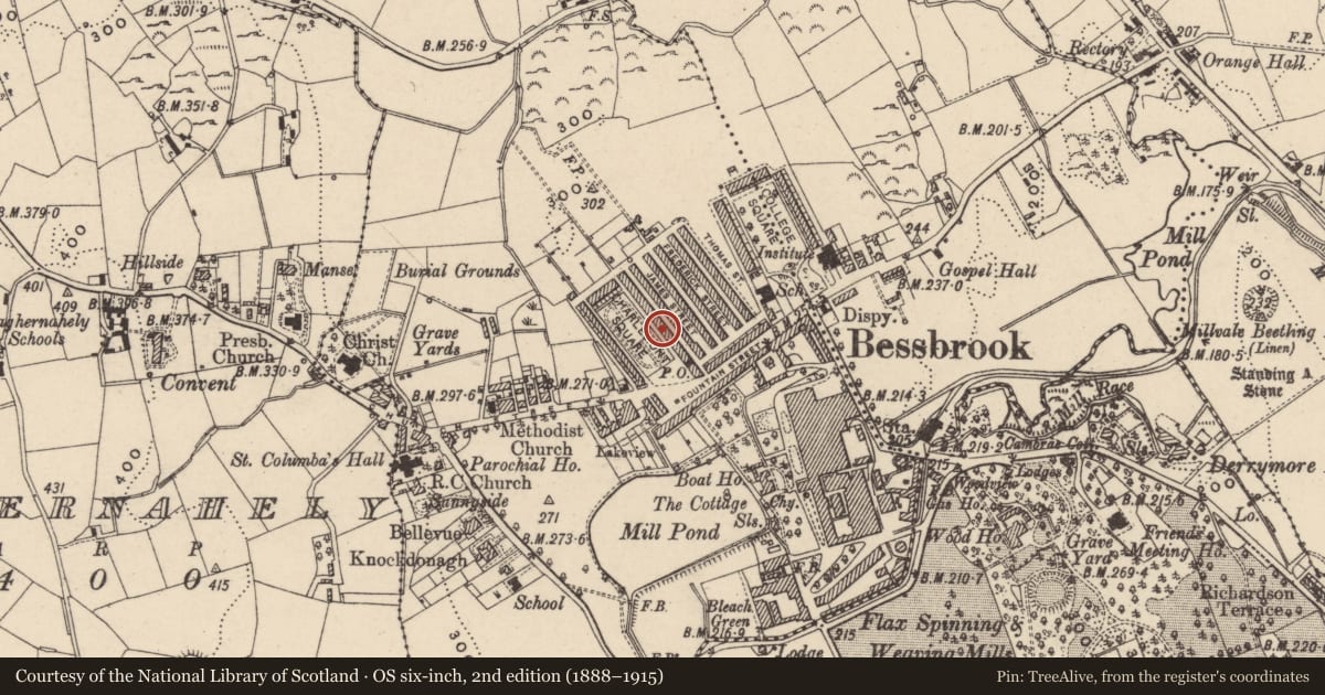 Ordnance Survey six-inch map, 2nd edition (1888–1915) covering the location of 14 Charlemont Square East, Clogharevan, Newry, Mourne and Down, with a pin at the register's coordinates