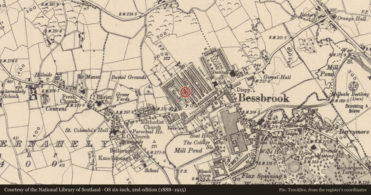 Ordnance Survey six-inch map, 2nd edition (1888–1915) covering the location of 15 Charlemont Square East, Clogharevan, Newry, Mourne and Down, with a pin at the register's coordinates