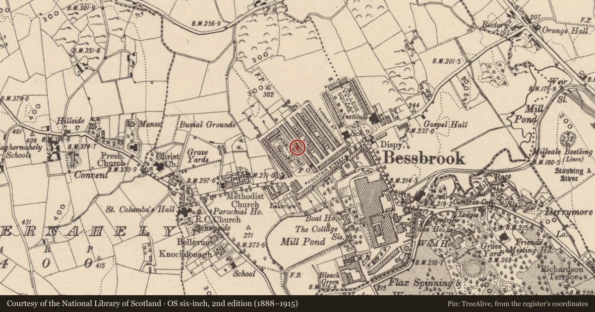 Ordnance Survey six-inch map, 2nd edition (1888–1915) covering the location of 16 Charlemont Square East, Clogharevan, Newry, Mourne and Down, with a pin at the register's coordinates