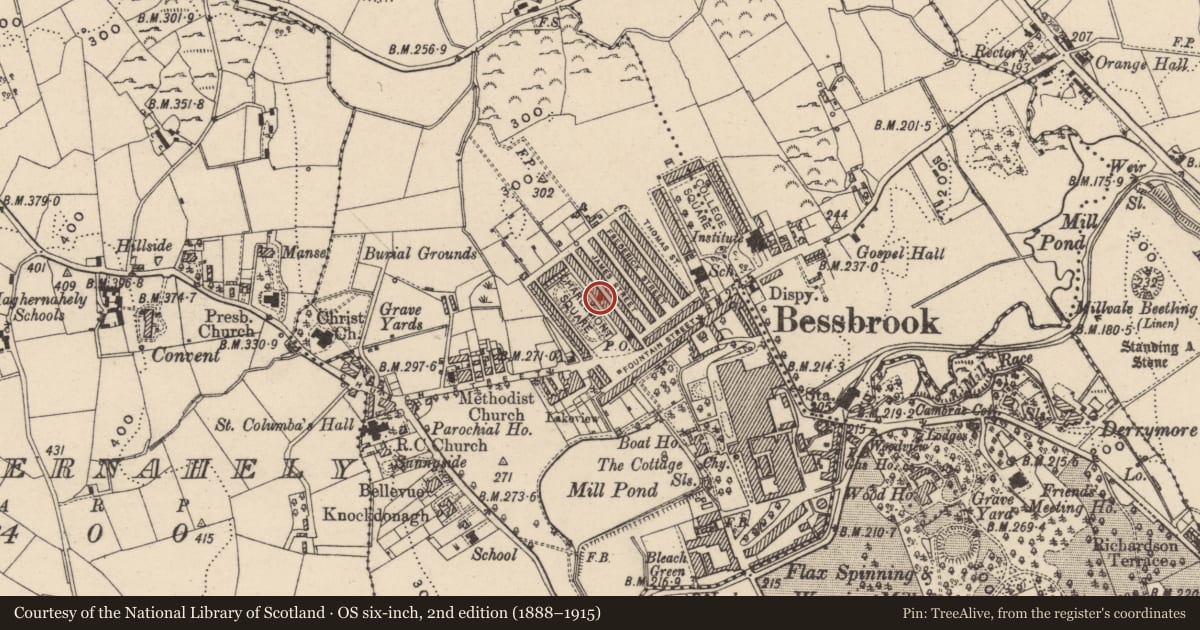 Ordnance Survey six-inch map, 2nd edition (1888–1915) covering the location of 17 Charlemont Square East, Clogharevan, Newry, Mourne and Down, with a pin at the register's coordinates