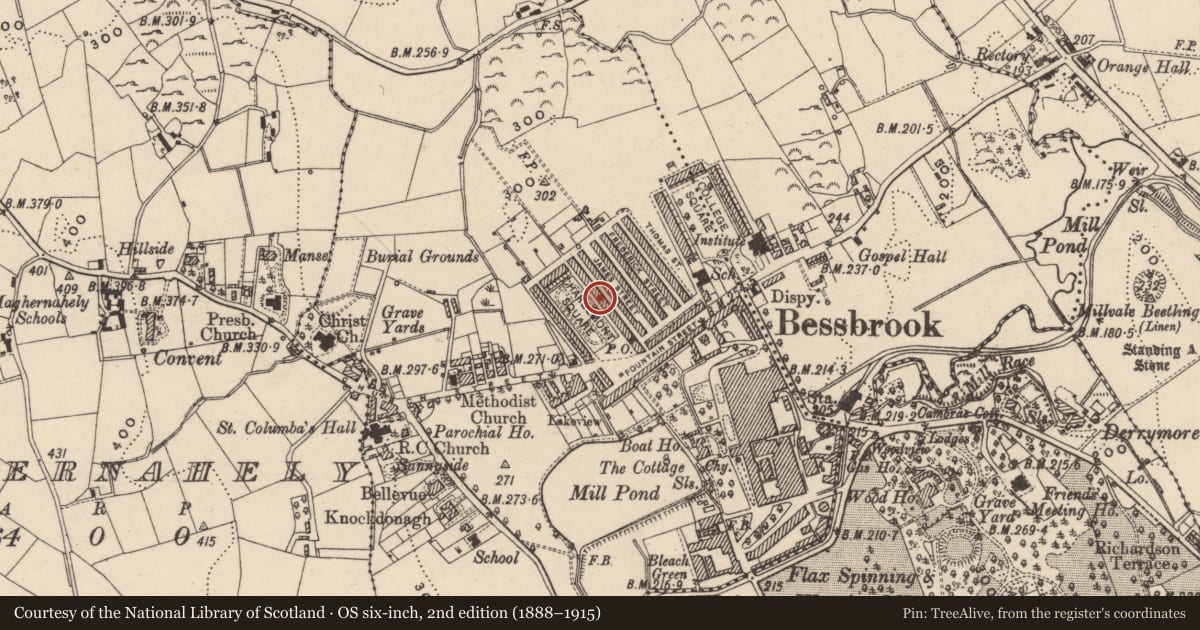 Ordnance Survey six-inch map, 2nd edition (1888–1915) covering the location of 18 Charlemont Square East, Clogharevan, Newry, Mourne and Down, with a pin at the register's coordinates