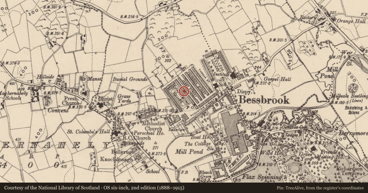 Ordnance Survey six-inch map, 2nd edition (1888–1915) covering the location of 19 Charlemont Square East, Clogharevan, Newry, Mourne and Down, with a pin at the register's coordinates