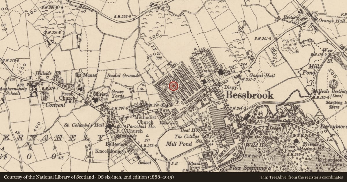 Ordnance Survey six-inch map, 2nd edition (1888–1915) covering the location of 20 Charlemont Square East, Clogharevan, Newry, Mourne and Down, with a pin at the register's coordinates