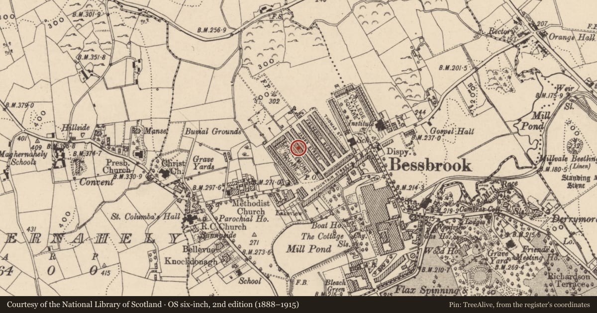Ordnance Survey six-inch map, 2nd edition (1888–1915) covering the location of 21 Charlemont Square East, Clogharevan, Newry, Mourne and Down, with a pin at the register's coordinates