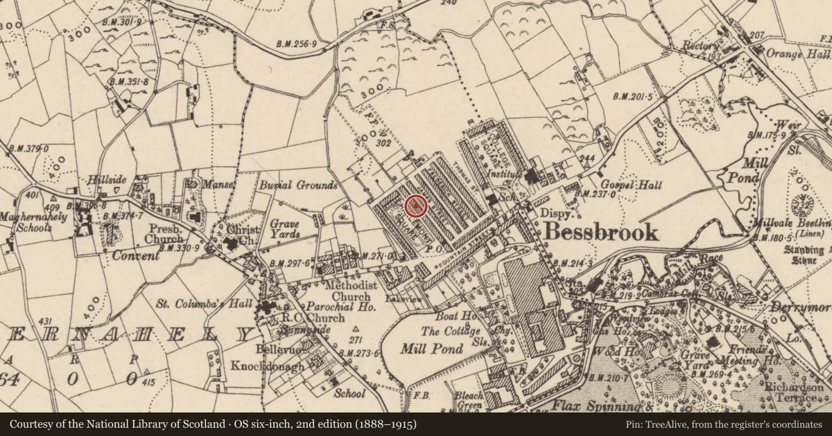 Ordnance Survey six-inch map, 2nd edition (1888–1915) covering the location of 22 Charlemont Square East, Clogharevan, Newry, Mourne and Down, with a pin at the register's coordinates