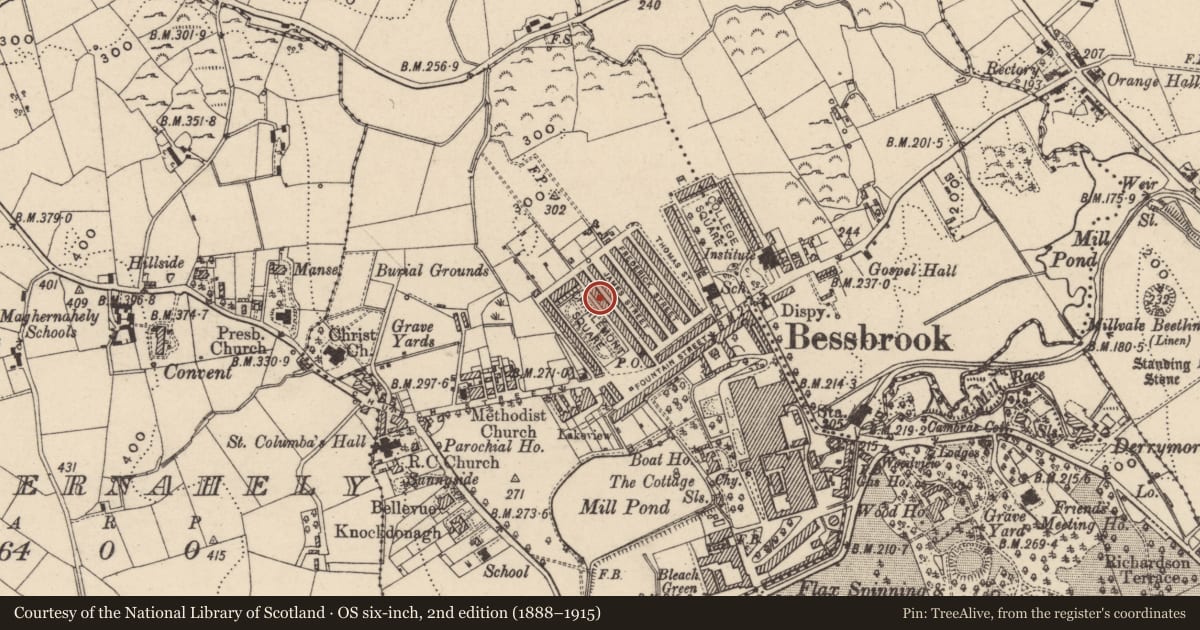 Ordnance Survey six-inch map, 2nd edition (1888–1915) covering the location of 23 Charlemont Square East, Clogharevan, Newry, Mourne and Down, with a pin at the register's coordinates