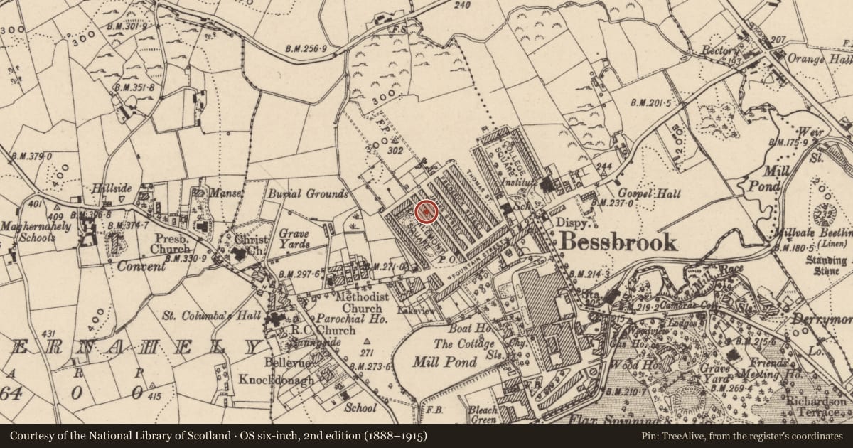 Ordnance Survey six-inch map, 2nd edition (1888–1915) covering the location of 24 Charlemont Square East, Clogharevan, Newry, Mourne and Down, with a pin at the register's coordinates