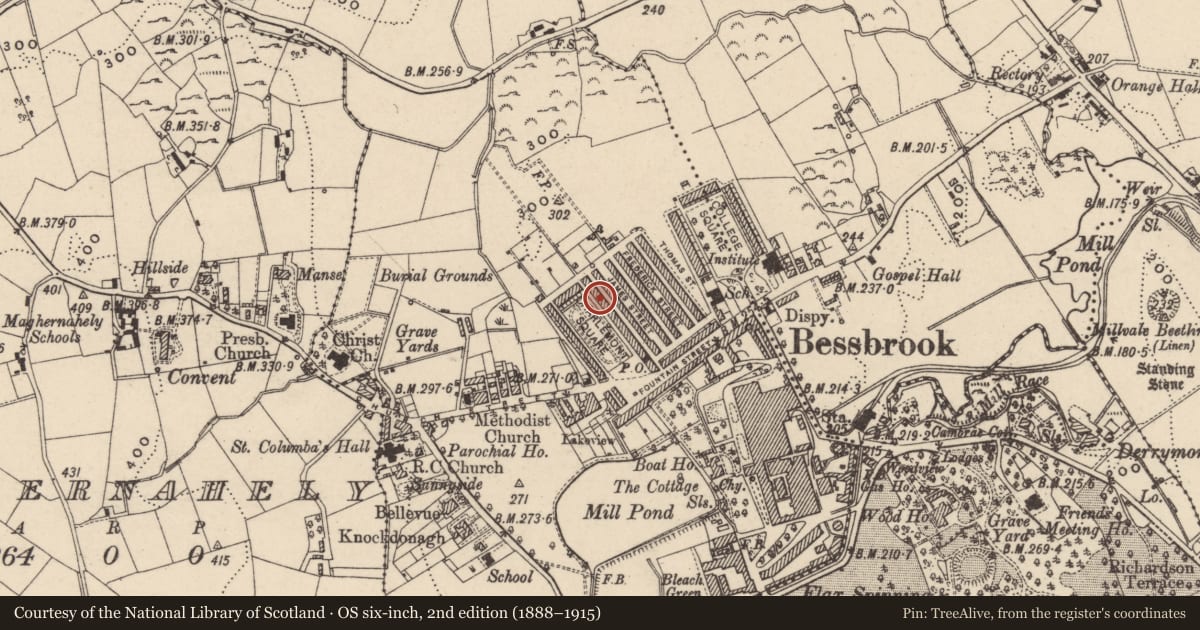 Ordnance Survey six-inch map, 2nd edition (1888–1915) covering the location of 25 Charlemont Square East, Clogharevan, Newry, Mourne and Down, with a pin at the register's coordinates